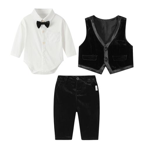 Cotton Boy Clothing Set & three piece vest & Pants & top patchwork Solid black Set