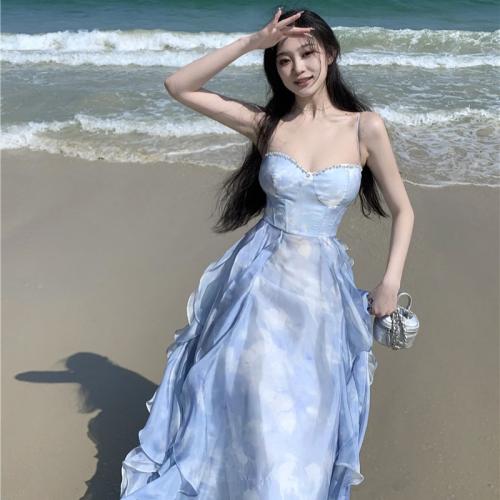 Polyester Slim Slip Dress large hem design blue PC