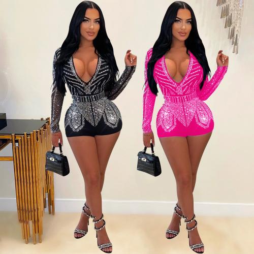 Polyester Women Romper deep V & skinny iron-on PC