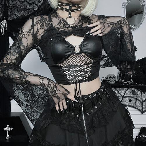 Polyester Women Long Sleeve Blouses midriff-baring & see through look & slimming & two piece black Set