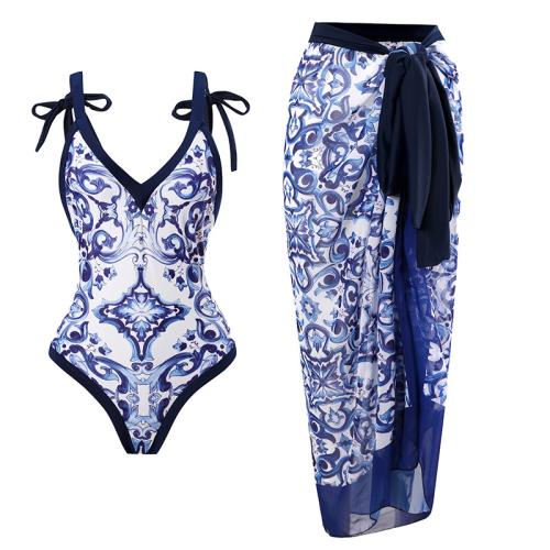 Spandex & Polyester One-piece Swimsuit & padded printed blue PC