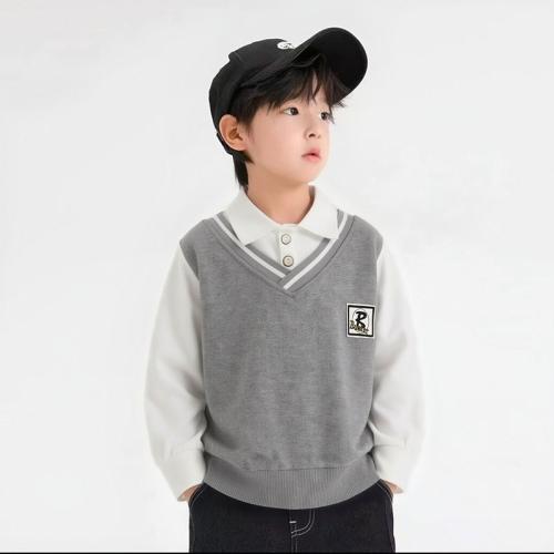 Mixed Fabric & Waffle & Polyester Children Sweatshirts & fake two piece PC