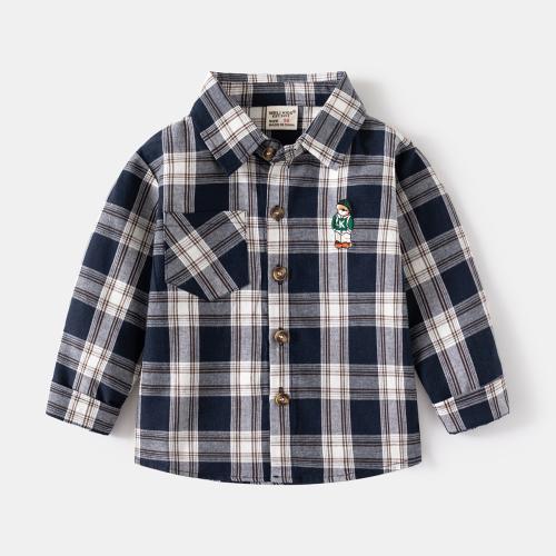 Cotton Boy Shirt & with pocket printed plaid Navy Blue PC