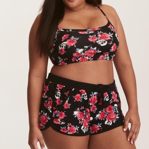 Spandex & Cotton Plus Size Tankinis Set & two piece & padded printed skull pattern black Set