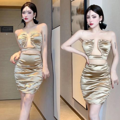 Polyester Tube Top Dress deep V & backless & off shoulder & hollow patchwork Others gold PC