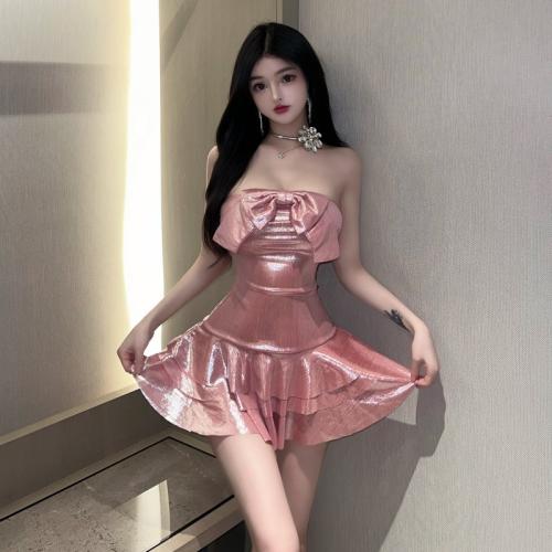 Polyester Tube Top Jurk Lappendeken Solide Roze stuk