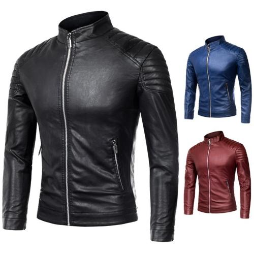 PU Leather Men Motorcycle Leather Jacket & thermal & with pocket Polyester Solid PC