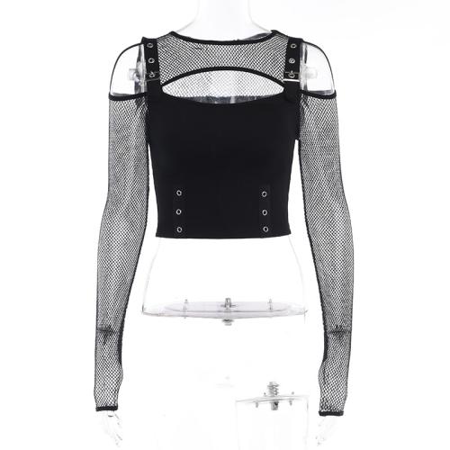 Polyester Women Long Sleeve Blouses midriff-baring & see through look & skinny black PC