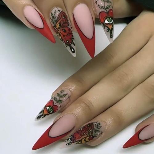 El plastico Uñas postizas, patrón de mariposa, rojo, Conjunto