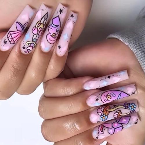 El plastico Uñas postizas, Dibujos animados, rosado, Conjunto