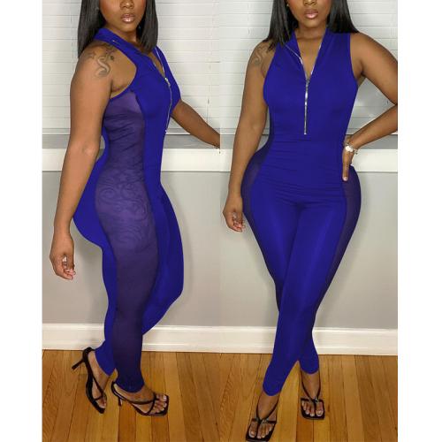 Polyester & Cotton Slim Long Jumpsuit see through look Solid PC
