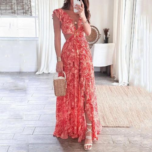 Polyester Plus Size One-piece Dress large hem design & deep V printed PC