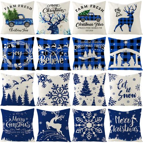 Linen Throw Pillow Covers durable & christmas design printed blue and white PC