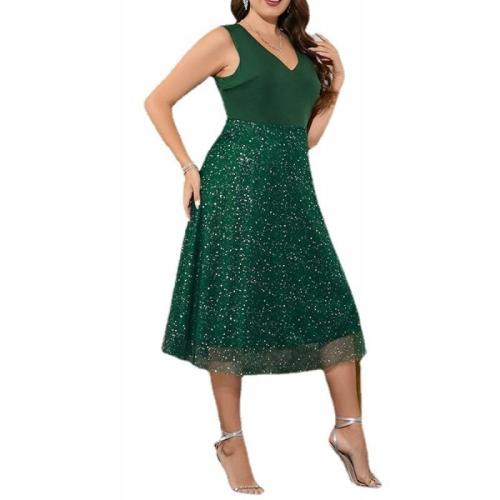 Milk Fiber & Polyester Plus Size One-piece Dress mid-long style patchwork PC