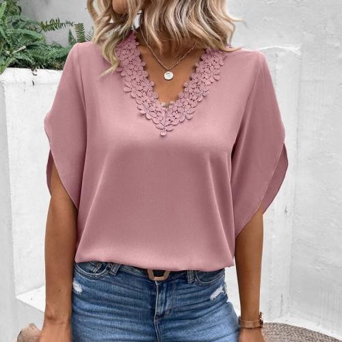Polyester lace Women Short Sleeve T-Shirts & loose & breathable Solid PC