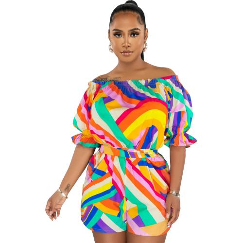 Polyester Off Shoulder & Slim Women Romper printed striped multi-colored PC