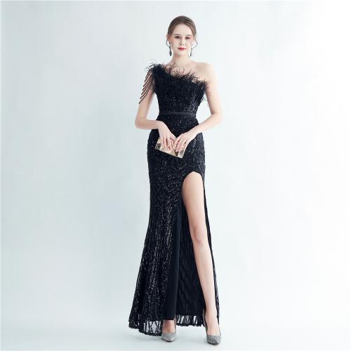 Sequin & Polyester Slim Long Evening Dress side slit & One Shoulder embroidered PC