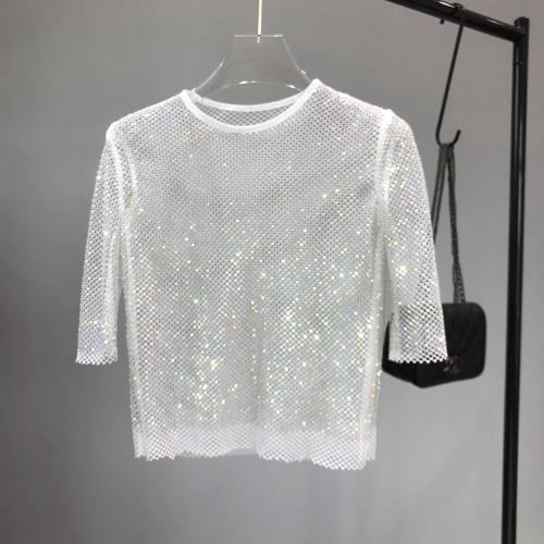 Polyester Women Short Sleeve Blouses see through look & loose & with rhinestone : PC