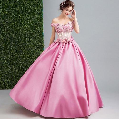 Polyester Robe longue de soirée Broder Solide Rose pièce
