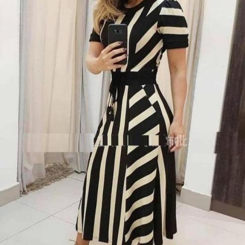 Polyester Einteiliges Kleid, Gedruckt, Gestreift, Schwarz, Stück