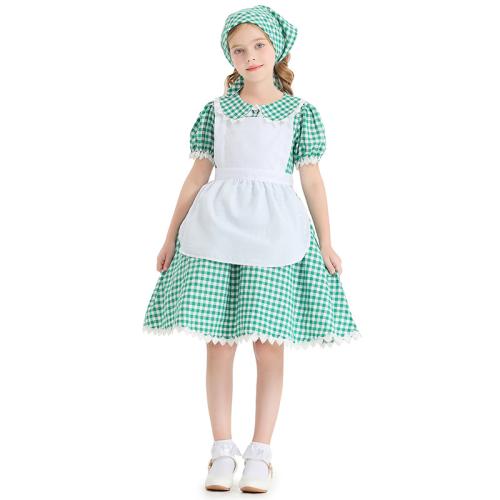 Polyester Robe d’une seule pièce de fille Bande de cheveux Plaid Vert pièce