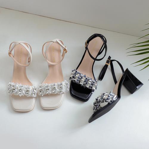 Microfiber PU Synthetic Leather & Rubber chunky Women Sandals & with rhinestone Solid Pair