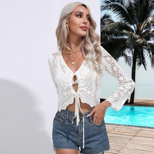 High Elasticity Silk & Mercerized Cotton Slim Women Long Sleeve Blouses midriff-baring & hollow white PC