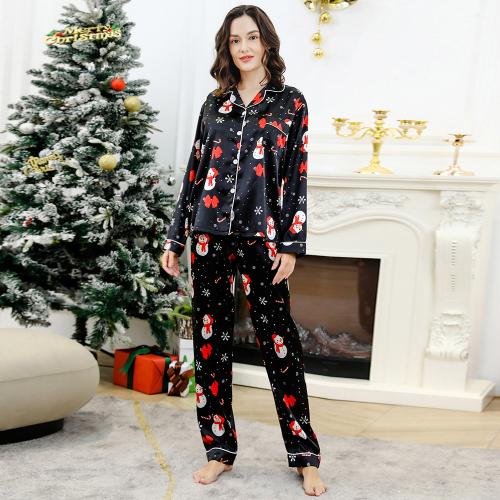 Polyester Women Pajama Set christmas design & two piece & loose Pants & top printed Cartoon black Pair