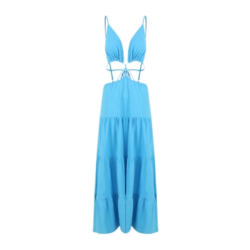 Polyester Beach Dress backless & hollow Solid blue PC
