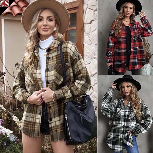 Woollen Cloth & Polyester Women Coat & loose & thermal printed plaid PC