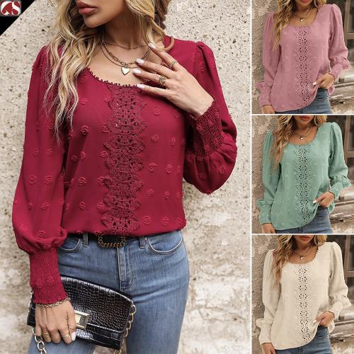Polyester Soft Women Long Sleeve Shirt & loose & hollow printed Solid PC
