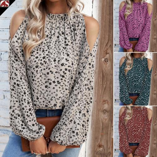 Polyester Soft Women Long Sleeve Shirt & off shoulder & loose printed shivering PC