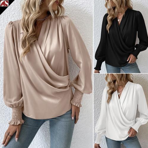 Polyester Soft Women Long Sleeve Shirt deep V & loose printed PC