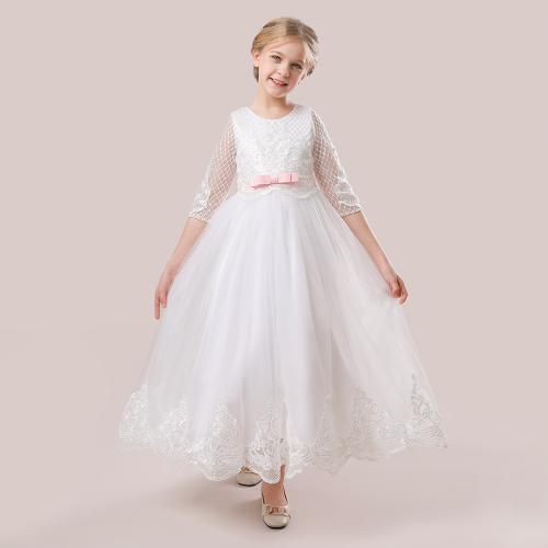 Polyester Robe d’une seule pièce de fille Patchwork Solide Blanc pièce