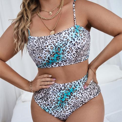 Polyester Plus Size Bikini & two piece & padded printed leopard blue Set