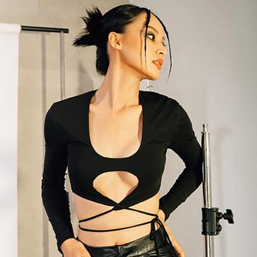 Polyester Women Long Sleeve Blouses & hollow & skinny style black PC
