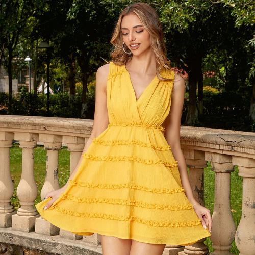 Polyester Robe d’une seule pièce Solide Jaune pièce