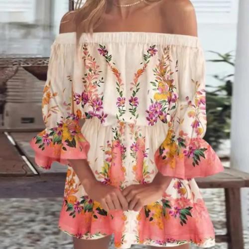 Spandex & Polyester Plus Size Boat Neck One-piece Dress printed PC