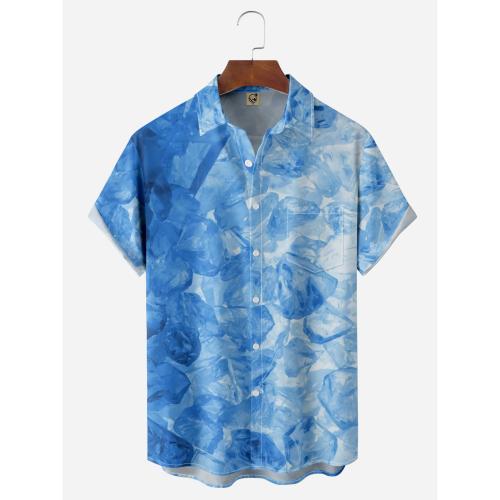 Polyester Plus Size Men Short Sleeve Casual Shirt printed blue PC