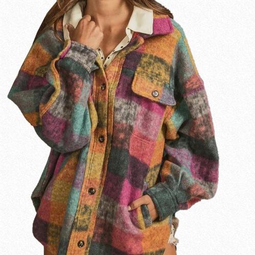 Polyester Women Long Sleeve Shirt & loose & thermal plaid PC