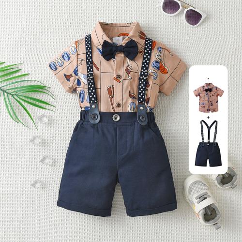 Combed Cotton Boy Clothing Set & three piece suspender pant & top patchwork Solid Set