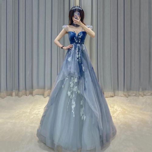 Polyester Robe longue de soirée Patchwork Solide Bleu pièce