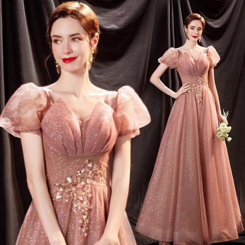 Polyester Robe longue de soirée Patchwork Solide Rose pièce