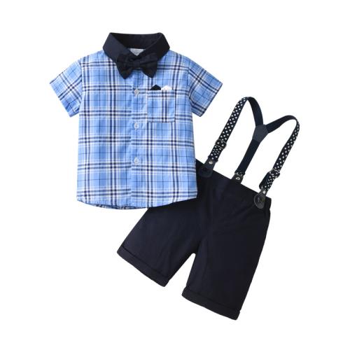 Cotton Boy Clothing Set & three piece suspender pant & top patchwork Solid pink Set
