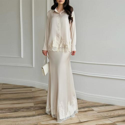 Polyester Two-Piece Dress Set Lace patchwork Solid Set