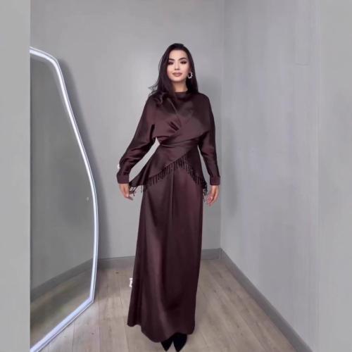 Polyester & Cotton long style Two-Piece Dress Set Solid brown Set