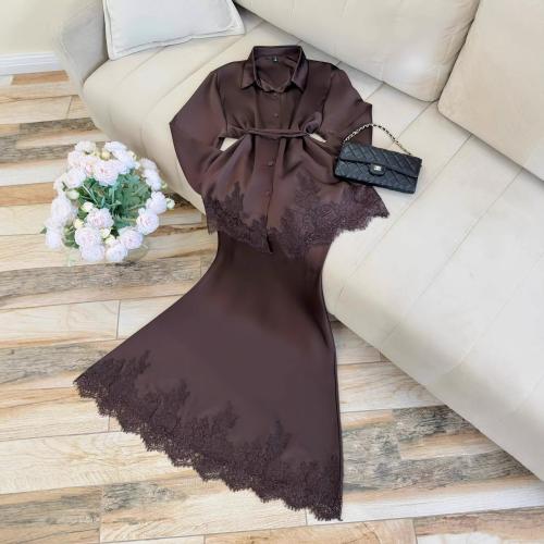 Polyester long style Two-Piece Dress Set Lace plain dyed Solid Set