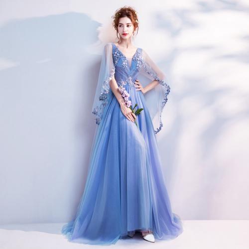 Polyester Robe longue de soirée Patchwork Solide Bleu pièce