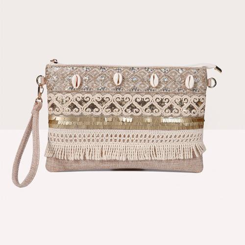 Cotton Linen & Shell Beach Bag & Tassels Clutch Bag Solid beige PC