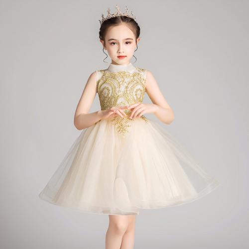 Polyester Robe d’une seule pièce de fille Patchwork Solide Champagne pièce